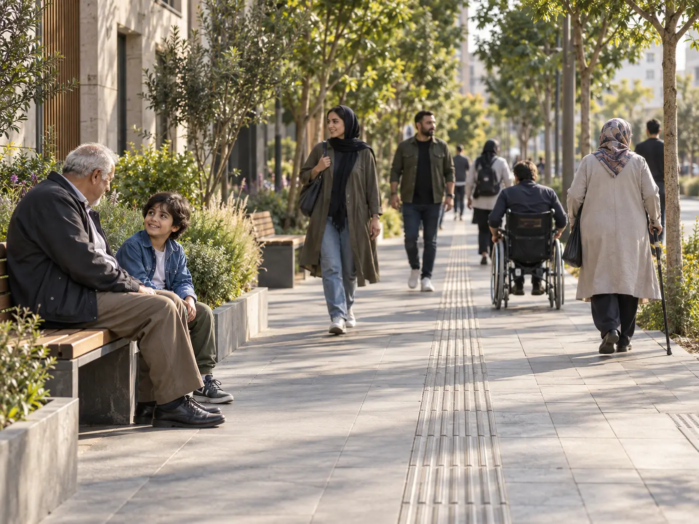 تصویر مفهومی پیاده‌روی دسترس‌پذیر با مسیر هدایت لمسی، فضای نشستن و حضور عابران
