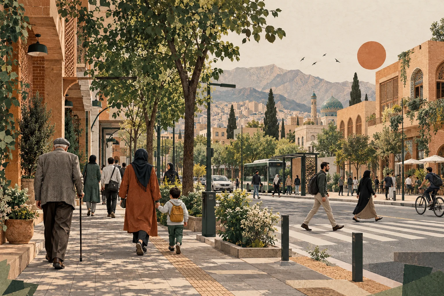 Conceptual illustration of a walkable urban street