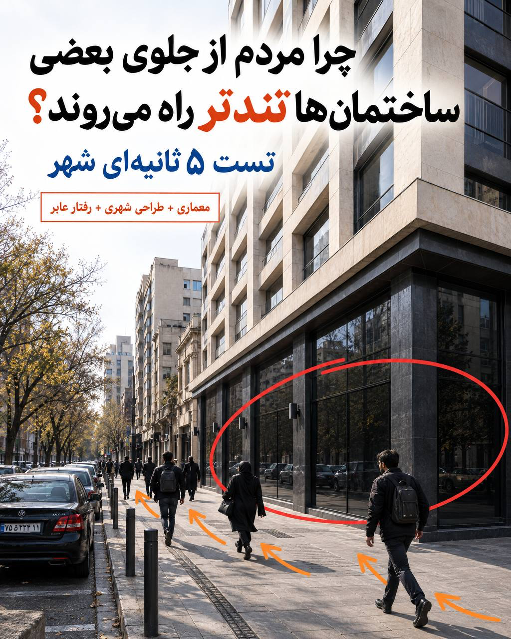 جلد «تست ۵ ثانیهای شهر»: عابران از کنار همکفِ تیره و شیشهای میگذرند؛ دایره و فلشها به لبهٔ ساختمان و مسیر عبور توجه میدهند.